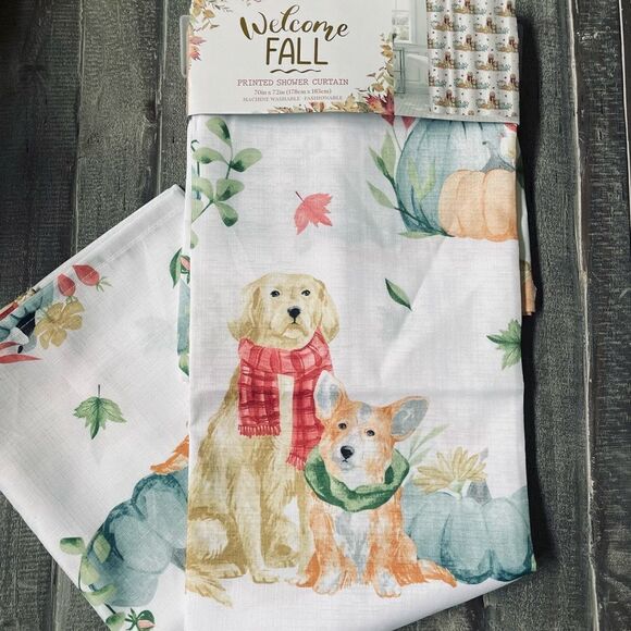 Fall Autumn Dogs Pumpkin Patch Fabric Shower Curtain - Picture 1 of 3